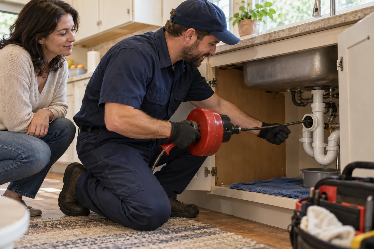 A provider checking a kitchen drain under a sink in the St. Paul area
